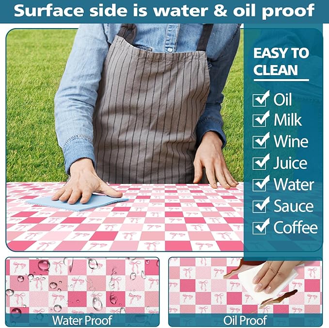 Picnic Table Cover with Bench Covers, Checkered Bownot Elastic Edges Waterproof Windproof Camping Essentials, Camping Fitted Tablecloth with Drawstring Bag, 72in, Pink White