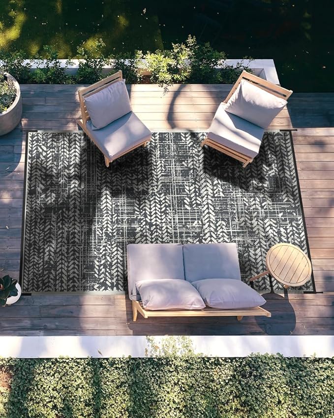 MontVoo Outdoor Rug Waterproof-Patio Rug Mat 6x9 Outdoor Carpet Reversible RV Camping Picnic Plastic Straw Rug Outside Outdoor Area Rug for Balcony Deck Backyard Patio Decor Boho Modern Abstract
