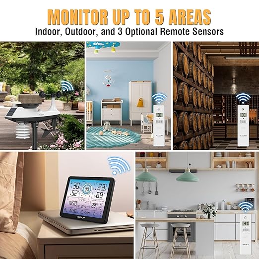 Raddy VP7 5-in-1 Weather Station Wireless for Indoor Outdoor | 7.4" Large Digital Color Display, with Barometer, Rain Gauge, Wind Speed, Atomic Clock, Weather Forecast, Temperature Humidity Monitor