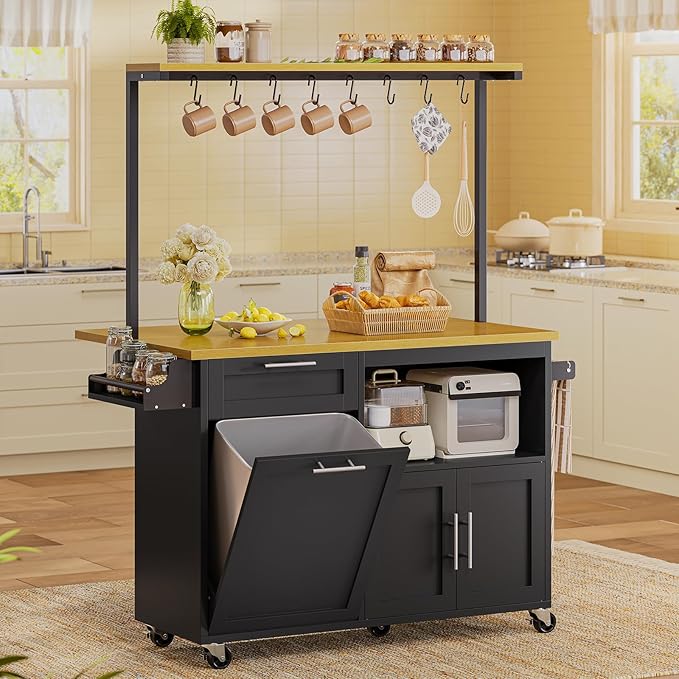 Itaar Rolling Kitchen Island Table on Wheels with Drop Leaf, 40" Mobile Kitchen Carts with Trash can Storage, Storage Cabinet, Drawer, Spice/Towel Rack, Black