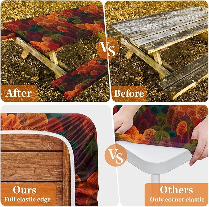 Picnic Table Cover with Bench Covers Elastic Edges, Fall Tree Fitted Table Cover, Outdoor Patio Camping Essentials 72 Inch 3PCS, Waterproof Camping Fitted Tablecloth with Drawstring Bag