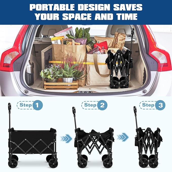 Collapsible Wagon Cart Foldable, Portable Heavy Duty Collapsible Beach Cart All Terrain with Large Capacity, Garden Wagons with Wheels for Shopping, Sports, Camping,Garden,Grocery