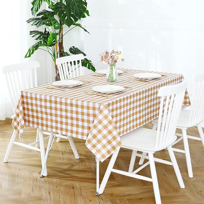 Romanstile Square Vinyl PVC Tablecloth, 100% Waterproof Buffalo Plaid Plastic Table Cloth, Oil Proof Heavy Duty Wipeable Table Covers for Dining/Camping/Picnic/Outdoor - 54 x 54, Coffee and White