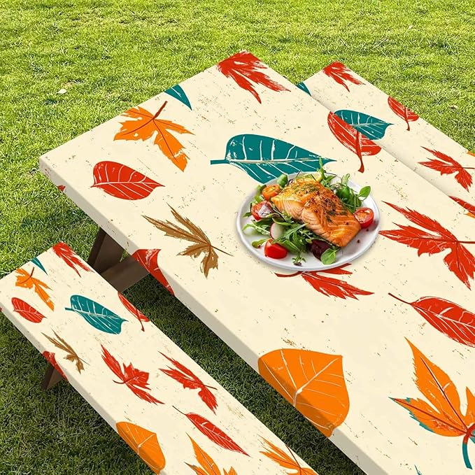 CAPSCEOLL Fitted Picnic Table Cover with Bench Covers with Elastic 6Ft Waterproof Camping Picnic Table Cover Cloths for Outdoors Camping Tablecloth with Drawstring Bag, 72X30in, Maple Leaf
