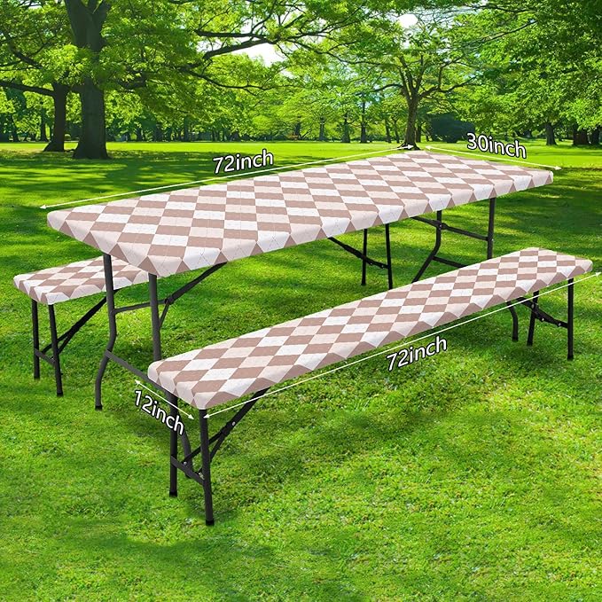 DYNH 3 Pcs Picnic Table Cover with Bench Covers, 6ft Waterproof Reusable Elastic Fitted Rectangle Picnic Table Cloths,30x72IN Beige Plaid Picnic Tablecloth for Camping Patio Travel Outdoor,2