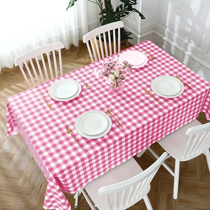 Romanstile Square Vinyl PVC Tablecloth, 100% Waterproof Buffalo Plaid Plastic Table Cloth, Oil Proof Heavy Duty Wipeable Table Covers for Dining/Camping/Picnic/Outdoor - 54 x 54, Hot Pink