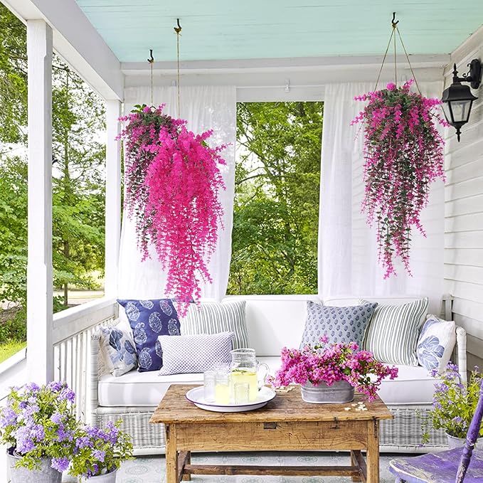 RECUTMS Artificial Plants Fake Hanging Vine Plant Hanging Eucalyptus Vine Artificial Leaves Greenery Plastic Plants for Indoor Bedroom Wall Decoration Outdoor Porch Home Wedding Decor(Pure Fuchsia)