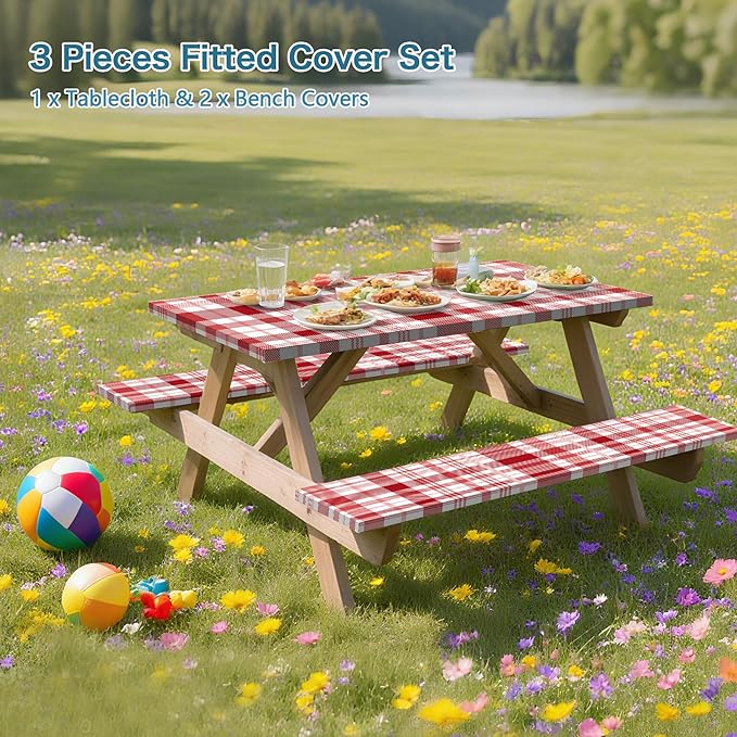 Red Picnic Table Cover with Bench Covers, 3 Pcs Waterproof Elastic Picnic Table Cover Outdoor Camping Essentials, Windproof Fitted Tablecloth for Camping, Indoor, Outdoor (Plaid, 72X30 Inch)