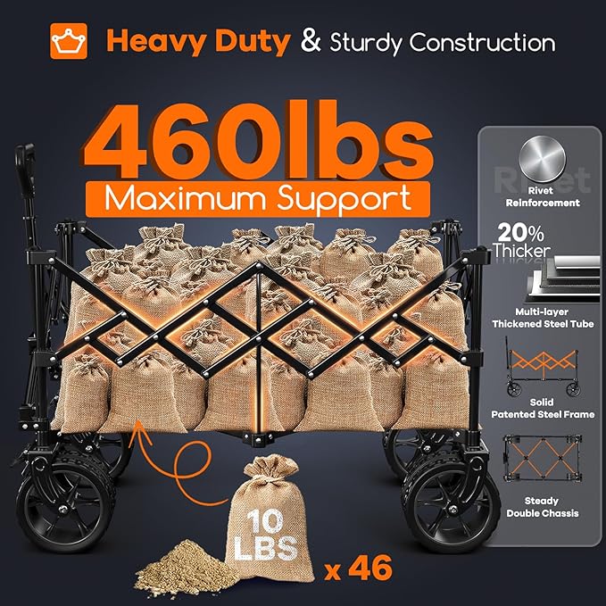 220L Collapsible Wagon Cart Foldable, 460LB Load Capacity Heavy Duty Folding Beach Wagons with Big All-Terrain Wheels, Utility Carts for Groceries, Shopping, Camping, Sports - Grey&Blue