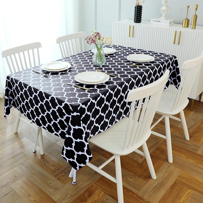 Romanstile Rectangle Plastic Tablecloth, 100% Waterproof Oil-Proof Checkered PVC Table Cloth, Heavy Duty Vinyl Table Cover for Dining, Camping, Picnic, Outdoor - 54 x 78 Inch, Moroco Black