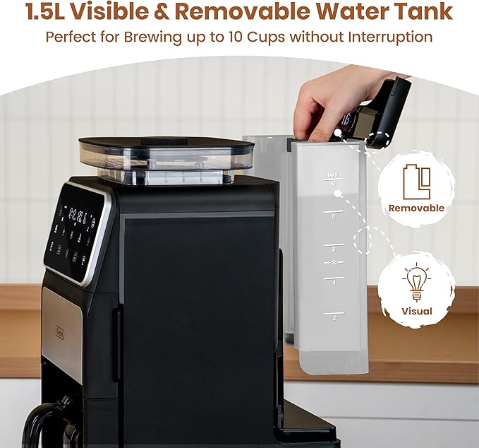 Gevi 10 Cup Drip Coffee Maker with Built-in Grinder, Grind ๏ผ Brew Burr Combo Coffee Machine with Touch Screen, Programmable, 4-Hour Warm Plate, Permanent Filter, Coffee Carafe