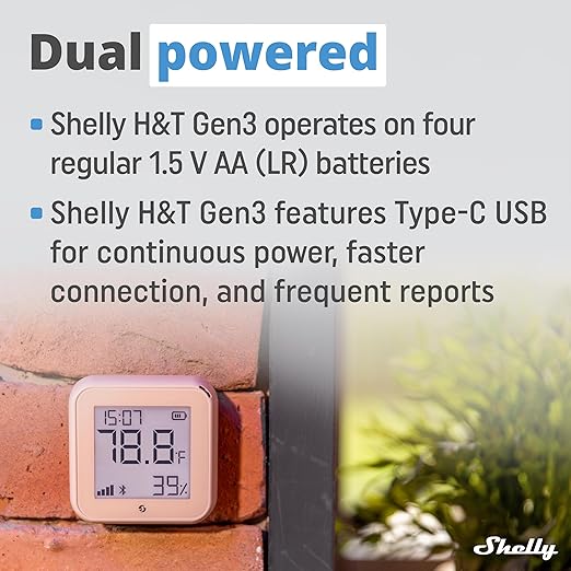 Shelly H&T Gen3 Mocha | Wi-Fi and Bluetooth Smart Temperature & Humidity Sensor with Remote App Control & Monitoring | Smart Scenes | Notification Alerts | LCD Display | Free Data Storage Export
