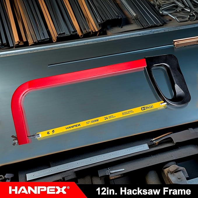 12in. High-Tension Hacksaw Frame with 24 TPI Bi-metal Blade, Hand Saw Suitable for Metal, wood, PVC, Carpentry(Black Handle)