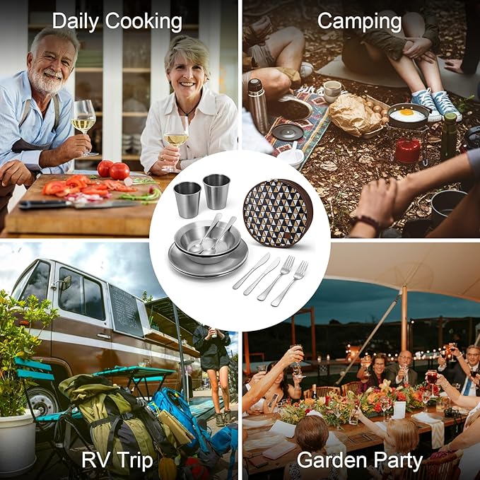 Odoland Camping Complete Messware Kit, Polished Stainless Steel Camp Dinnerware, Camping Cooking Tableware, Cutlery Organizer Utensil with Plates and Bowls Set for Backpacking, Hiking, Picnic Picnic.