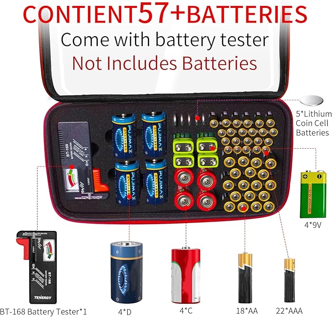 Battery Organizer Storage Case with Tester,Clear Batteries Storage Organizers Holds, Just The Right Size Slot with stable handle,Holds 57 Batteries Various Sizes(Batteries are Not Included)(Red)