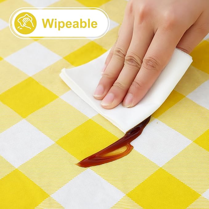 misaya Round Waterproof Vinyl Table Cloth, Buffalo Flannel Backed Tablecloth, Wipeable Plastic Table Cover for Dinner, Kitchen, Picnic (60", Yellow and White)