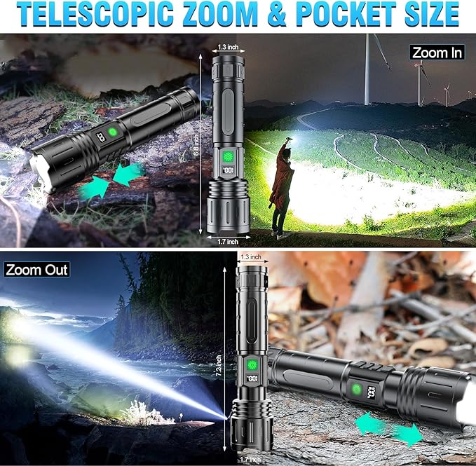 Hoxida Flashlights High Lumens Rechargeable - 2000 Lumens Long Beam Super Bright LED Flash Light with Power Display & IPX5 Waterproof for Camping, 20H Runtime,5 Modes,Zoomable Handheld Flashlight