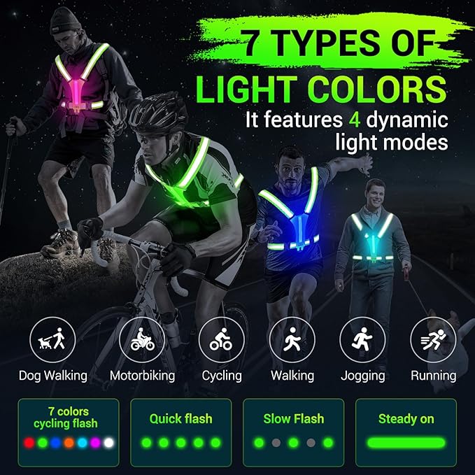 Led Reflective Vest Running Gear,7 Lights Colors Light Up Running Vest, Rechargeable High-Visibility Adjustable Vest for Running, Cycling, and Night Activities(Green)