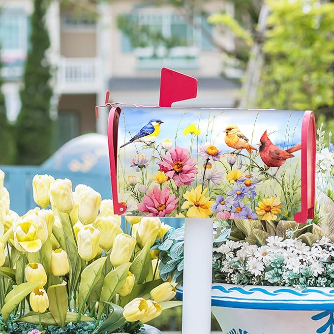 Hummingbird Bird Mailbox Covers Magnetic Spring Blooming Flowers and Birds Decorative Waterproof Mailboxes Wraps Letter Post Box Cover Oversize for Home Outdoor Garden Yard 25.5 x 21 in