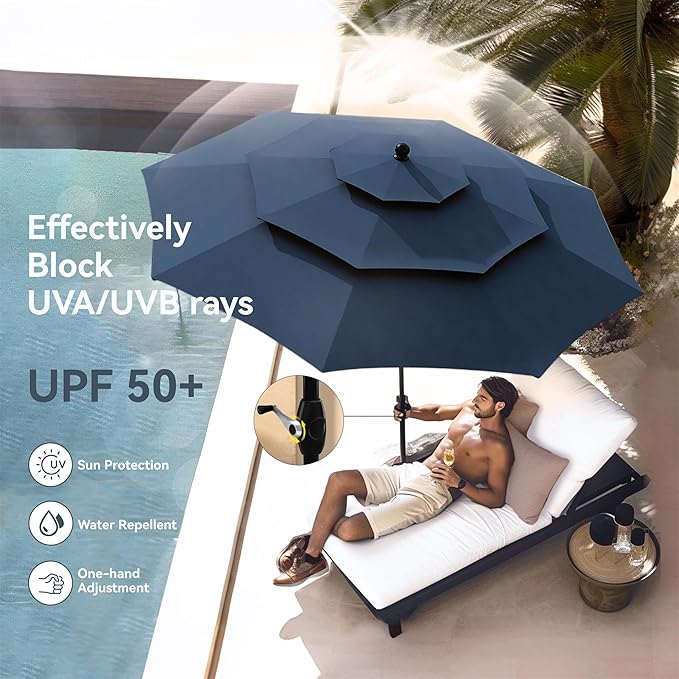 PHI VILLA 10ft Outdoor Patio Umbrellas for Outside, 3 Tier Vented Market Table Umbrella Windproof for Backyard, Deck, Garden, 1.5" Pole, Dark Blue(No Base)