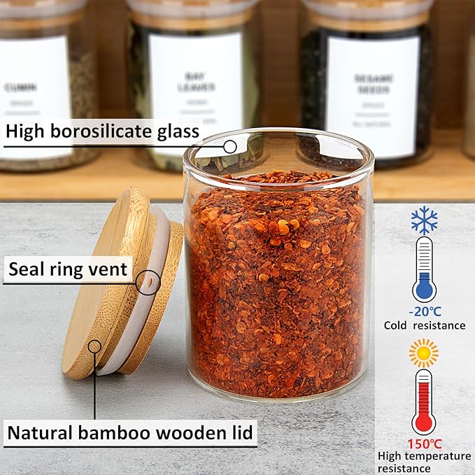 4OZ Glass Spice Jars with Bamboo Lids and 315 Labels, 10 Pcs Clear Food Storage Containers for Kitchen Sugar Salt Coffee Tea Beans