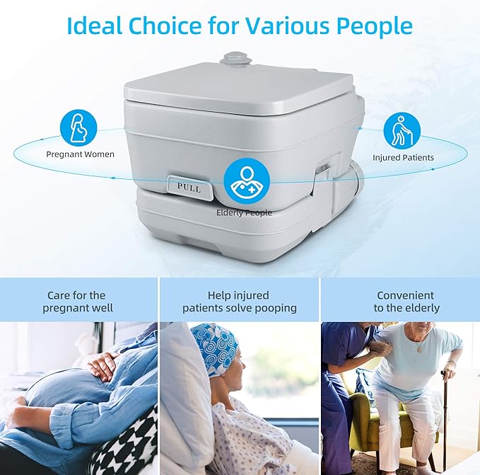 YITAHOME Portable Toilet 2.6 Gallon Camping RV Potty, Double Water Outlet, Press Flush Pump, for Travel, Boating, Hiking, Trips,Gray
