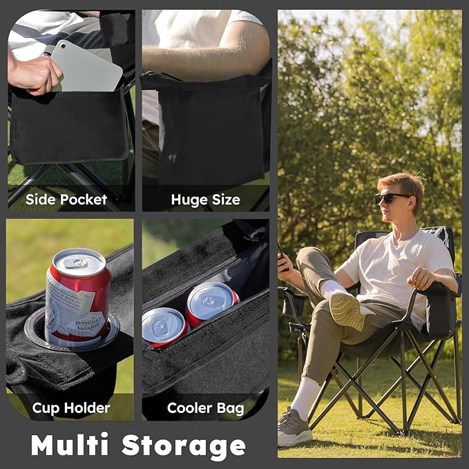Oversized Folding Camping Chairs - 450 LBS Support Heavy Duty Camp Chair with Padded Cushion, Portable Outside Chairs with Carry Bag,Cooler, Cup Holder for Outdoor, Lawn, Sports - Black