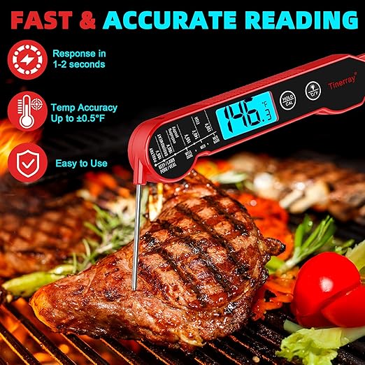 Digital Meat Thermometer for Cooking – Waterproof Instant Read Food Thermometer with Backlight & Calibration, Fast Read, Folding Probe for BBQ, Grill, Candy, Deep Fry, Kitchen, Liquids, Beef(Red)