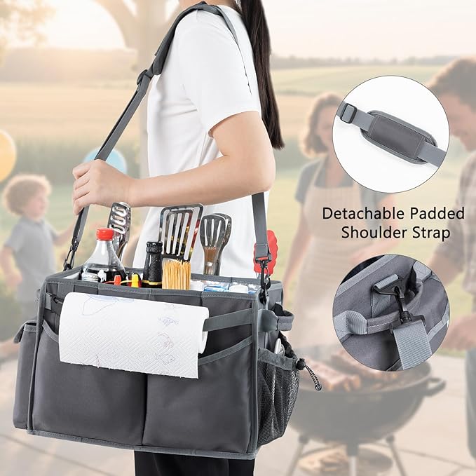Large Grill Caddy with Paper Towel Holder โ Collapsible BBQ Organizer for Camping, Tailgating, RV, Boating โ Grilling Gifts for Men โ Griddle Tote Bag with Shoulder Strap โ Outdoor Essentials