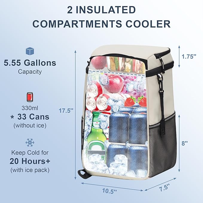 Backpack Cooler Insulated Leak Proof 33/49 Cans, 2 Insulated Compartments Thermal Bag, Portable Lightweight Beach Travel Camping Lunch Backpack for Men and Women