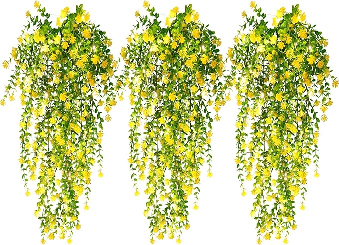 RECUTMS Outdoor Fake Hanging Plants,Hanging Plant Vine with Lights,Faux Eucalyptus Leafs Greenery Vine Plant Faux Plants Fake Plants Greenery for Jungle Theme Party Wedding Decoration(Yellow)