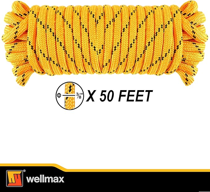 Wellmax Diamond Braid Nylon Rope, 3/8 in X 50 Foot, UV Resistant, High Strength and Weather Resistant - Yellow