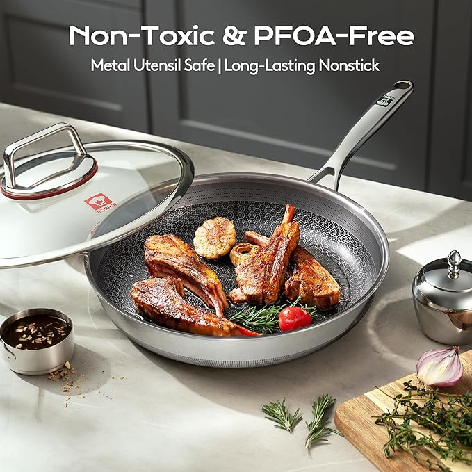 10in+Lid Nonstick Frying Pan - Stainless Steel Skillet, Dishwasher & Oven Safe, Compatible with Induction & Gas Stoves, Non-Toxic & Easy to Clean