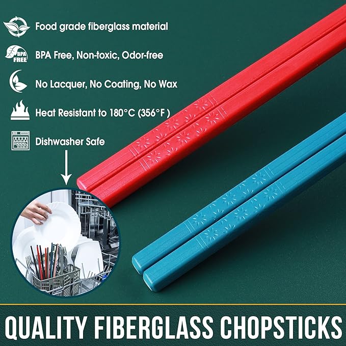 10 Pairs Reusable Fiberglass Chopsticks Dishwasher Safe, GLAMFIELDS Premium Multicolor Japanese Style Chop Sticks for Sushi, Anti-slip, Lightweight, 9 1/2 inches
