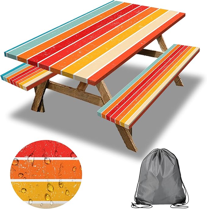Orange Picnic Table Cover with Bench Covers, 3 Pcs Waterproof Elastic Picnic Table Cover Outdoor Camping Essentials, Windproof Fitted Tablecloth for Camping, Indoor, Outdoor (Striped, 60X30 Inch)