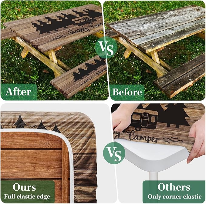 Picnic Table Cover with Bench Covers Elastic Edges, Wooden Camper Fitted Table Cover, Outdoor Patio Camping Essentials 96 Inch 3PCS, Waterproof Camping Fitted Tablecloth with Drawstring Bag