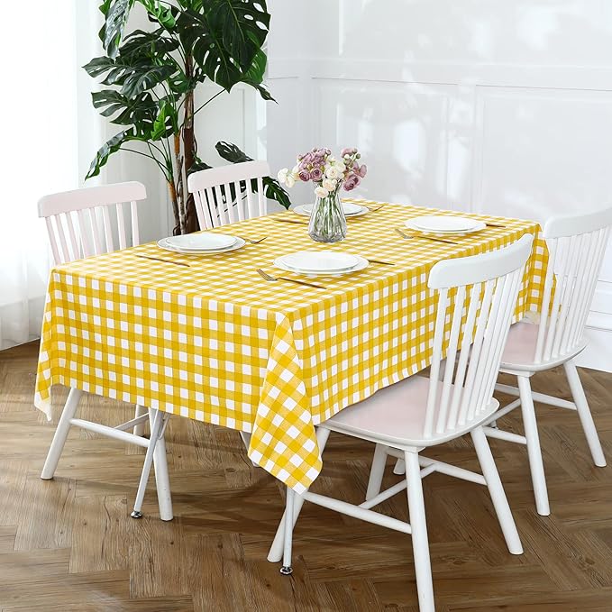 Romanstile Rectangle Vinyl PVC Tablecloth, 100% Waterproof Buffalo Plaid Plastic Table Cloth, Oil Proof Heavy Duty Wipeable Table Covers for Dining/Camping/Picnic/Outdoor - 54 x 78, Yellow and White