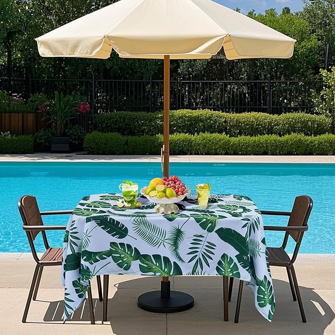 Poise3EHome 60X84 Outdoor/Indoor Waterproof Tropical Rectangle Tablecloth Green with Umbrella Hole Zipper for Camping Picnic Party Patio Table Spring, Palm Leaf