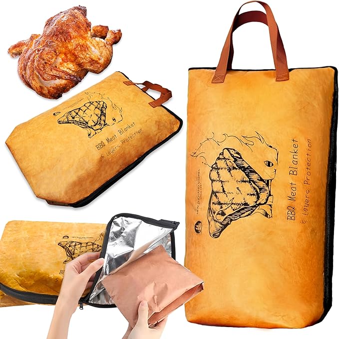 BBQ Blanket for Resting Meat, 5-Layer Insulated Meat Resting Bag for Moisture Retention and Perfect BBQ, Wide Mouth with Handle Design for Large Brisket/Pork Shoulders/Turkeys,Gifts for Men (Brown, 21 Inch)