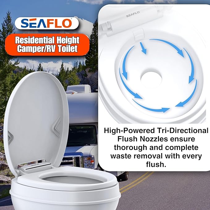 SEAFLO Residential Height Camper/RV Toilet, 18.5” Standard Height, Gravity Flush System, Foot Pedal Operation, Soft Close Seat, Easy-to-Clean Oversized Bowl, 4-Year Warranty