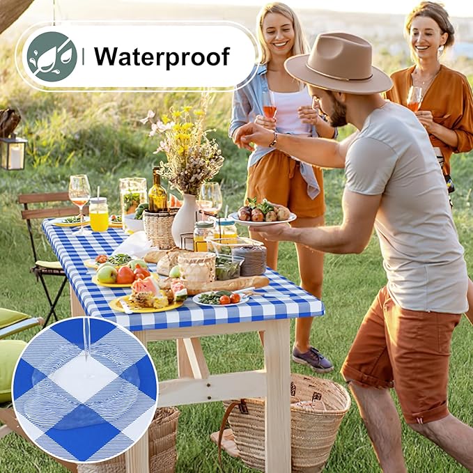 misaya Buffalo Rectangle Picnic Tablecloth, 4 Foot Elastic Fitted Vinyl Table Cloth with Flannel Backing, Waterproof Plaid Table Covers for Dining, Camping, Outdoor (Blue and White, 24" x 48")