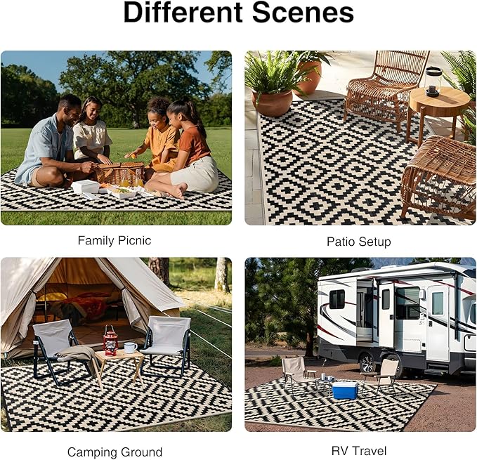 OLANLY Waterproof Outdoor Rug 10x14 ft, Outdoor Plastic Straw Rug for Camping, RV Mat Outside, Outdoor Carpet for Porch, Deck, Backyard, Balcony, Picnic, Black & Beige
