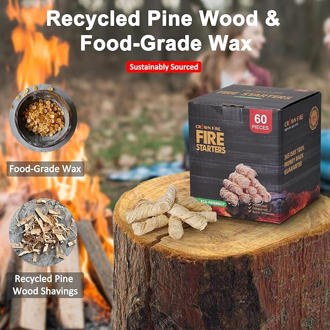 Fire Starters for Fireplace Indoor, and Outdoor Use - Natural Firestarter for Pizza Oven, Fire Pit - Fire Starters for Campfires - Charcoal Starter - 60 Rolls