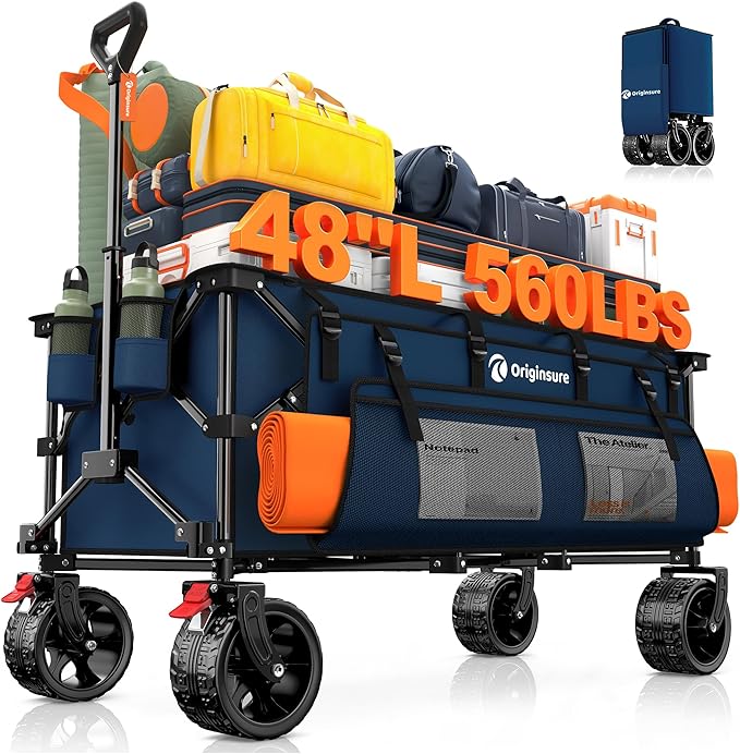 48" L Collapsible Wagon Cart Foldable, 560LB Weight Capacity 300L Heavy Duty Folding Beach Wagons with Big All-Terrain Wheels, Utility Carts for Groceries, Shopping, Camping, Sports - Blue