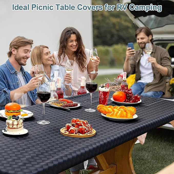 Picnic Table Cover with Bench Covers Portable Tablecloth Built-in Storage Pocket Picnic Table Covers with Elastic Waterproof Camping Essentials for RV Camping