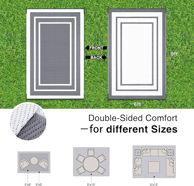 OLANLY Outdoor Rug 6x9 ft Waterproof, Reversible Outdoor Plastic Straw Rug, RV Mat, Indoor Outdoor Carpet Clearance for Patio, Camping, Balcony, Deck, Backyard, Grey & White