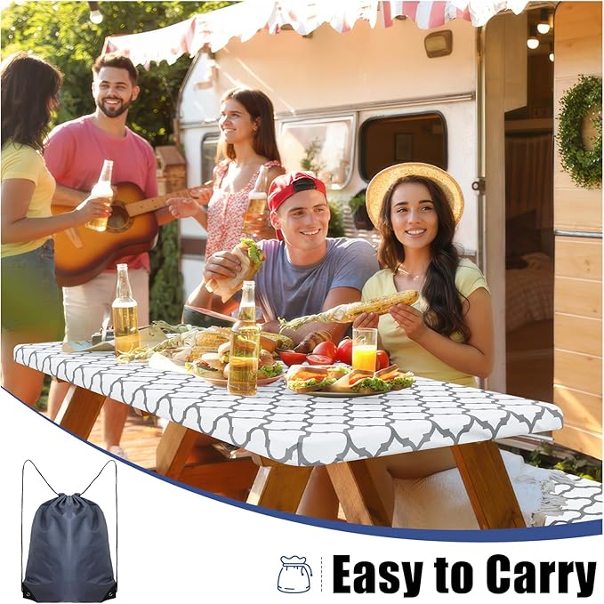 Smiry Picnic Table Cover with Bench Covers, Waterproof Elastic Fitted Tablecloth for 6 Foot Tables, Washable Polyester Tablecloths for Camping, Indoor & Outdoor (White Morocco, 30x72 Inch 3-pc Set)