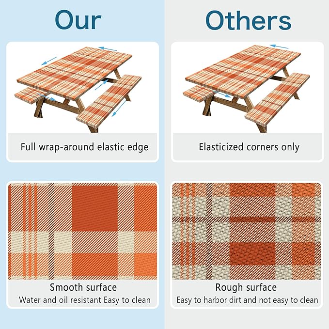 Orange Picnic Table Cover with Bench Covers, 3 Pcs Waterproof Elastic Picnic Table Cover Fall Outdoor Camping Essentials, Windproof Fitted Tablecloth for Indoor Outdoor (Plaid, 72X30 Inch)