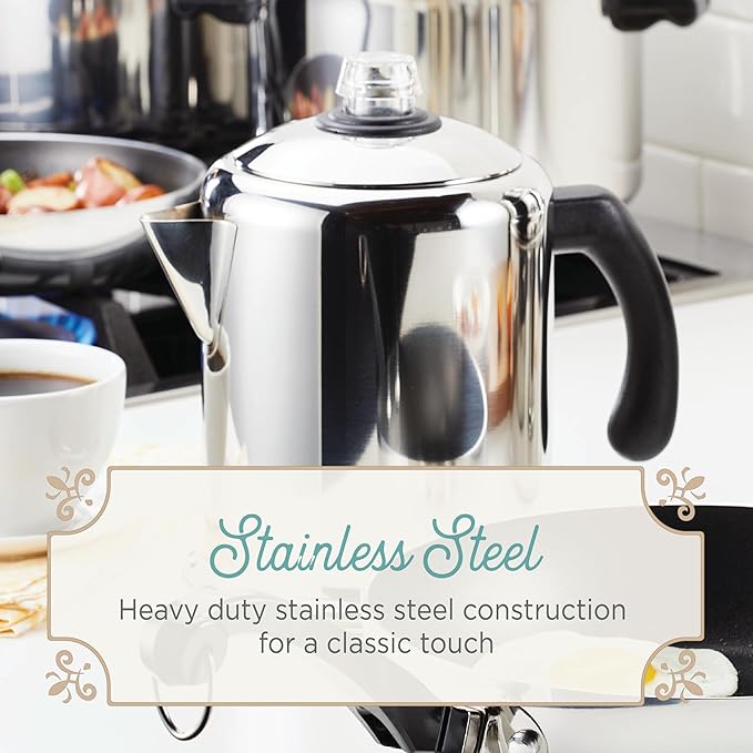 Farberware Classic Stainless Steel Coffee Percolator, 12 Cup, Silver with Glass Blue Knob, 7.28"D x 8.86"W x 10.83"H