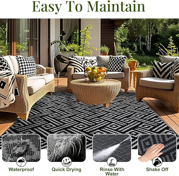 OPPODREAM Outdoor Rug 8x10 Patio Waterproof, Large Outdoor Plastic Straw Rug, Reversible Out Door Carpet for Camping, Deck, Rv, 8 x 10 Area Carpet for Balcony, Porch, Backyard, Black and Grey